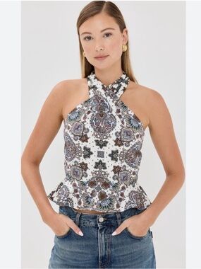 Veronica Beard White Paisley Peplum Halter Top
